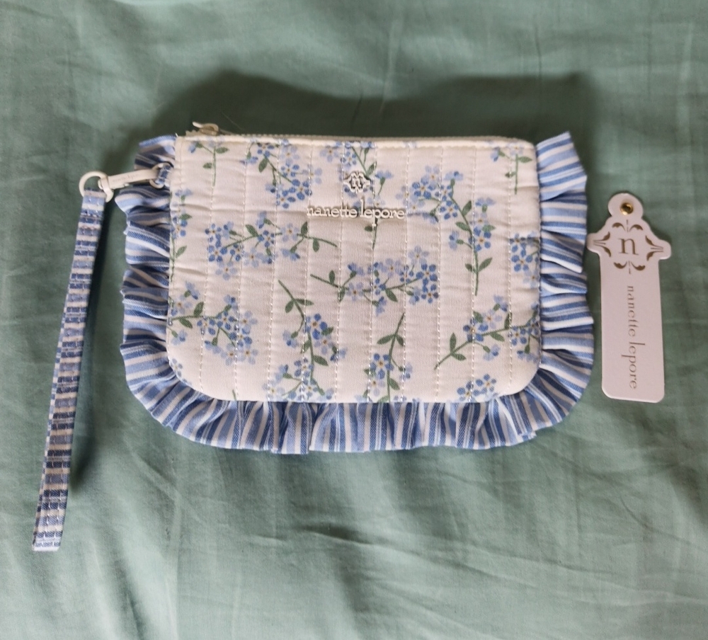 Nanette Lepore White & Blue Floral Quilted Wristlet with Ruffle Trim!